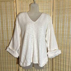 Avalin Vintage 1990s Ivory Knit Vneck Sweater Bell Style Sleeves Cotton OS